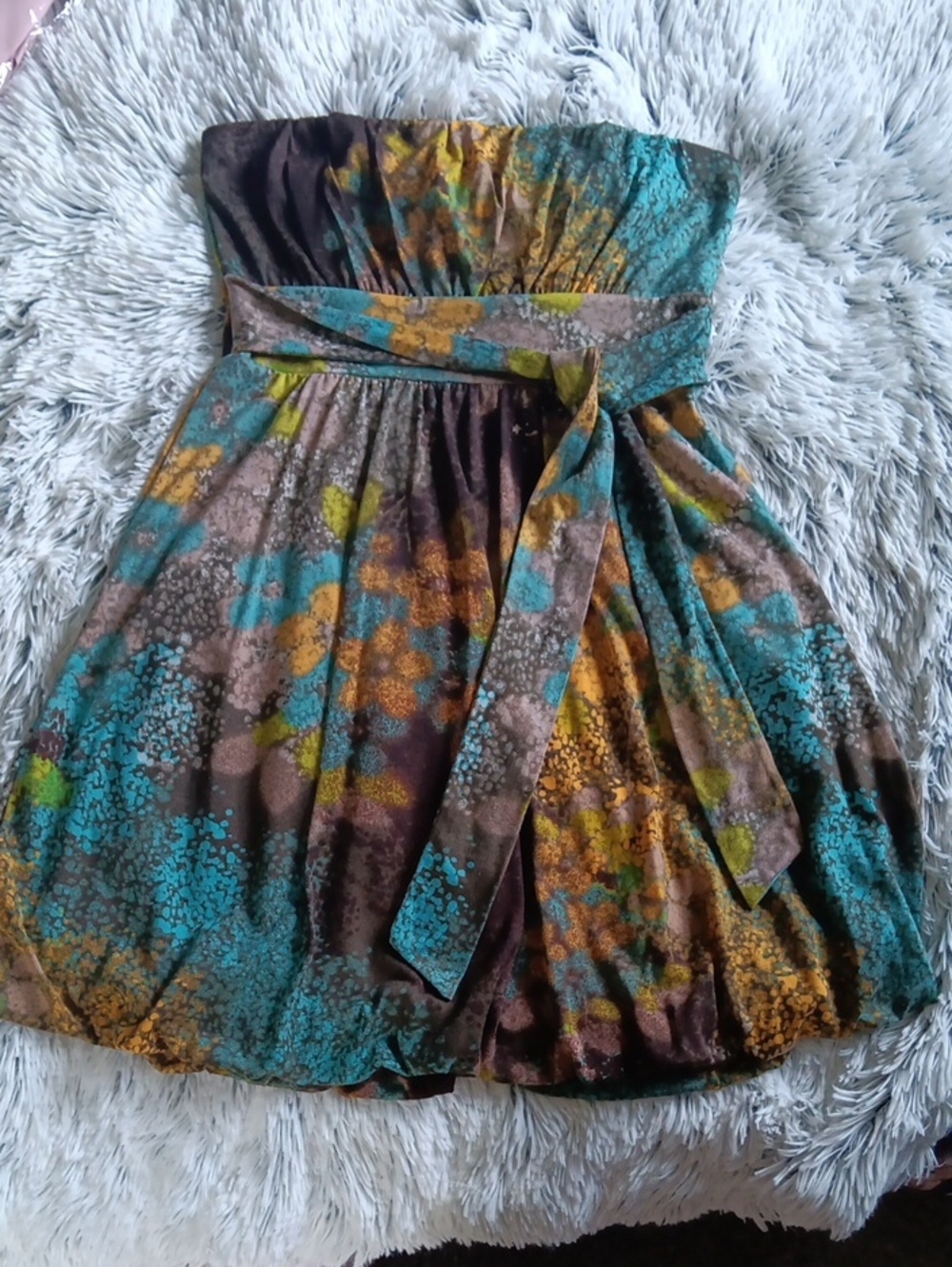 Strapless Floral Print Summer Dress in Teal, Brown & Mustard